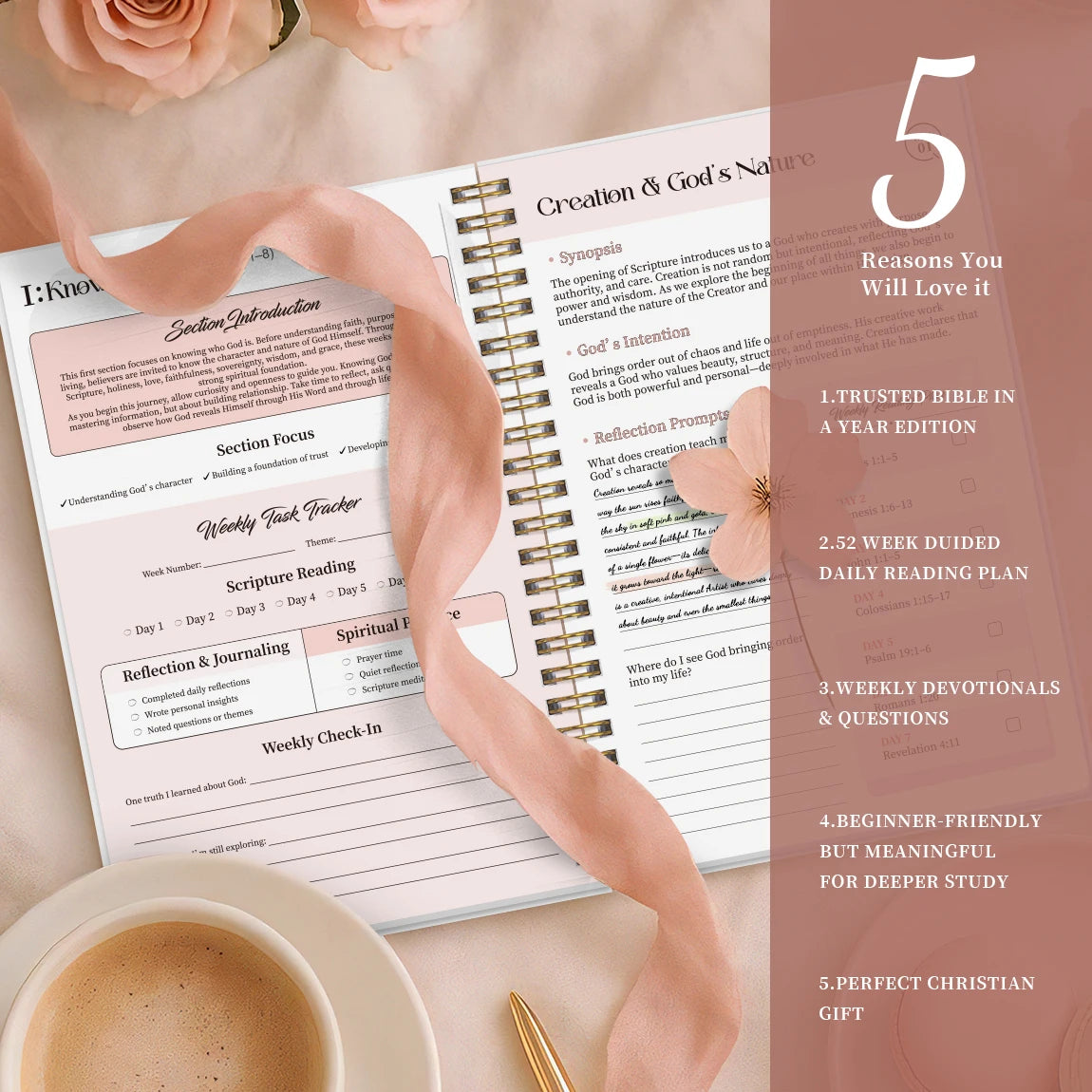 A close-up of a guided Bible study journal with five sections and pink ribbon, next to a cup of coffee.