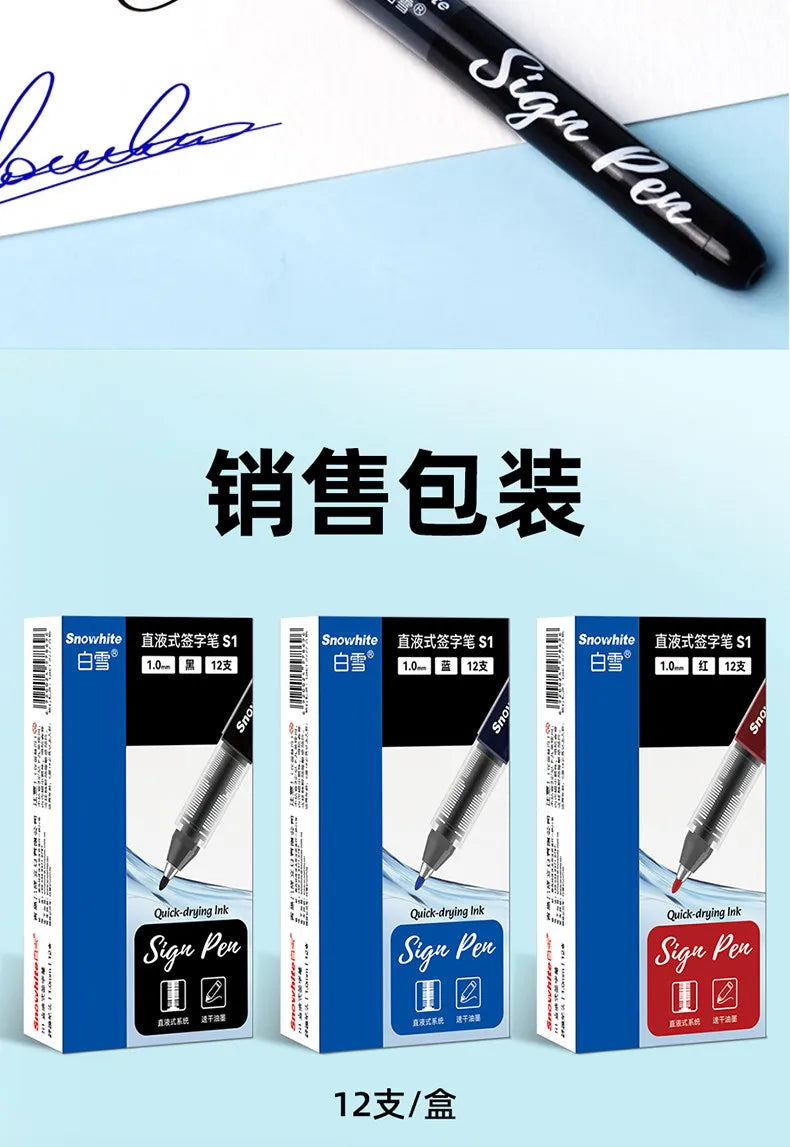 A set of black Sign Pens in blue packaging with a fiber tip, showing the pen and its box.