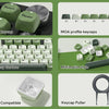 A set of bright green MOA profile PBT keycaps, a glossy surface keyboard, an MX-compatible case, and a keycap puller tool.