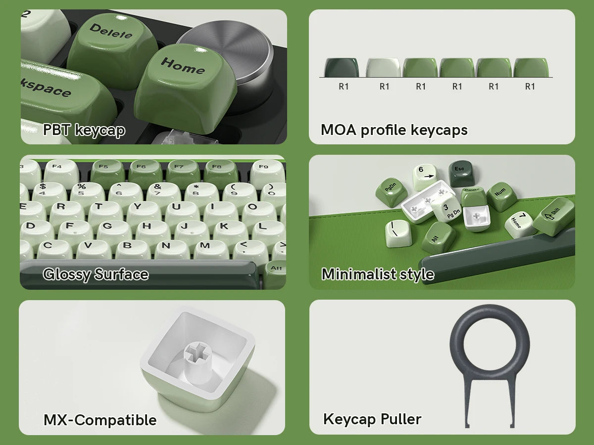 A set of bright green MOA profile PBT keycaps, a glossy surface keyboard, an MX-compatible case, and a keycap puller tool.