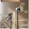 A black adjustable metal phone tripod stand with a grippy holder and aluminum rod, shown in a studio setting.