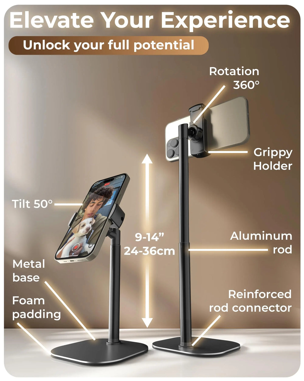 A black adjustable metal phone tripod stand with a grippy holder and aluminum rod, shown in a studio setting.