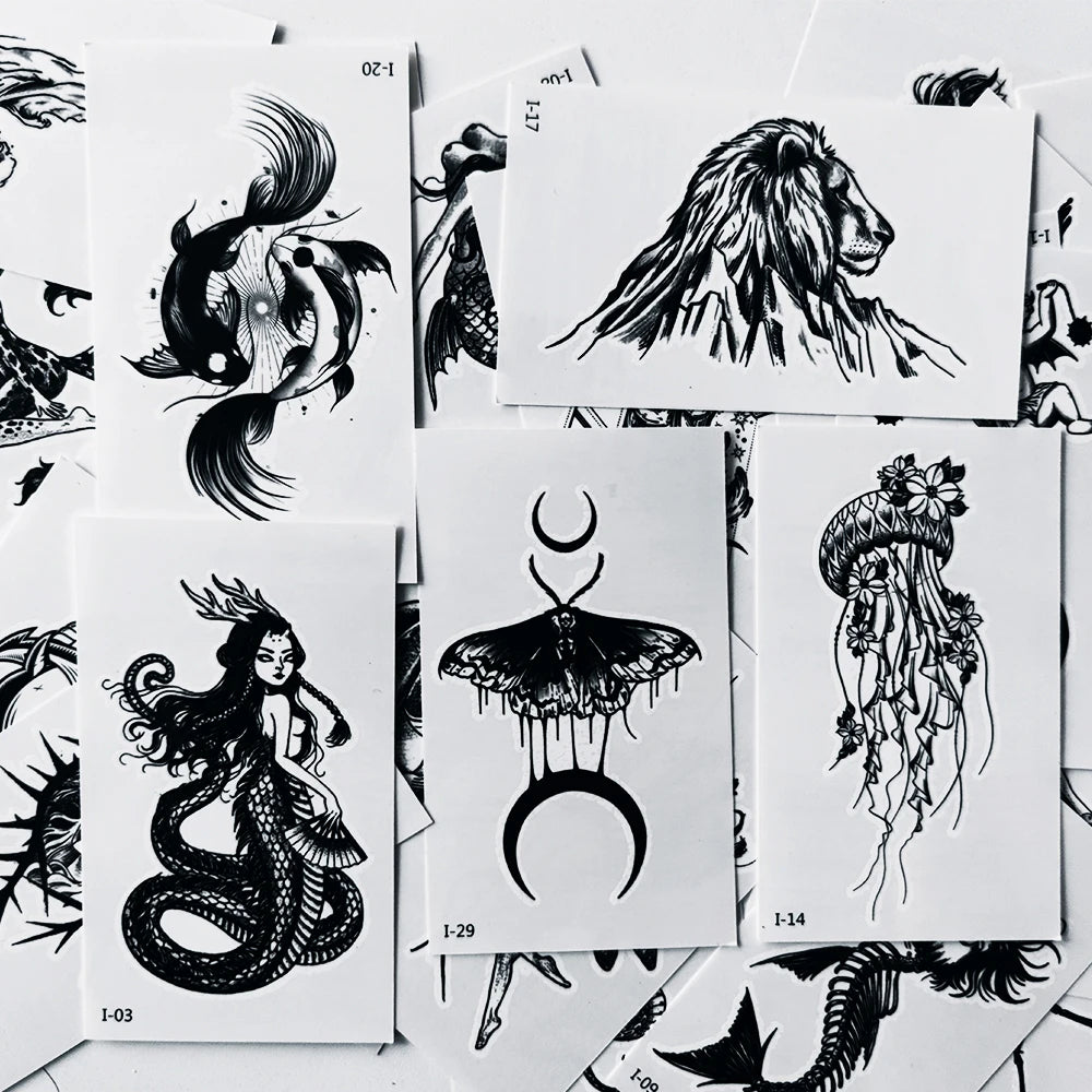 Colección de pegatinas temporales de arte lineal negro con diseños como un león, una sirena y una serpiente.