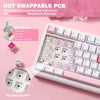A pink mechanical keyboard showing a hot swappable PCB and various switch components for personalization.