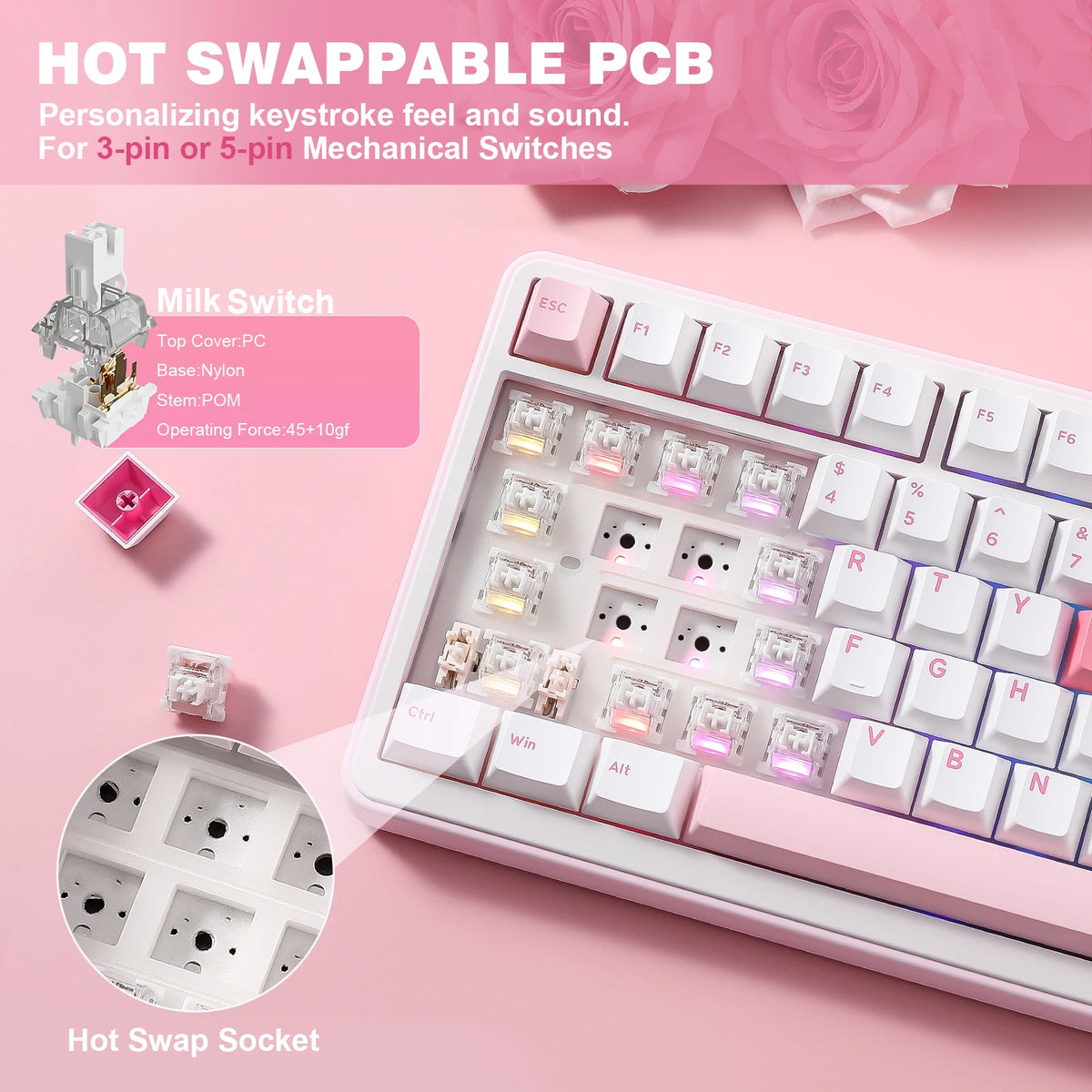 A pink mechanical keyboard showing a hot swappable PCB and various switch components for personalization.