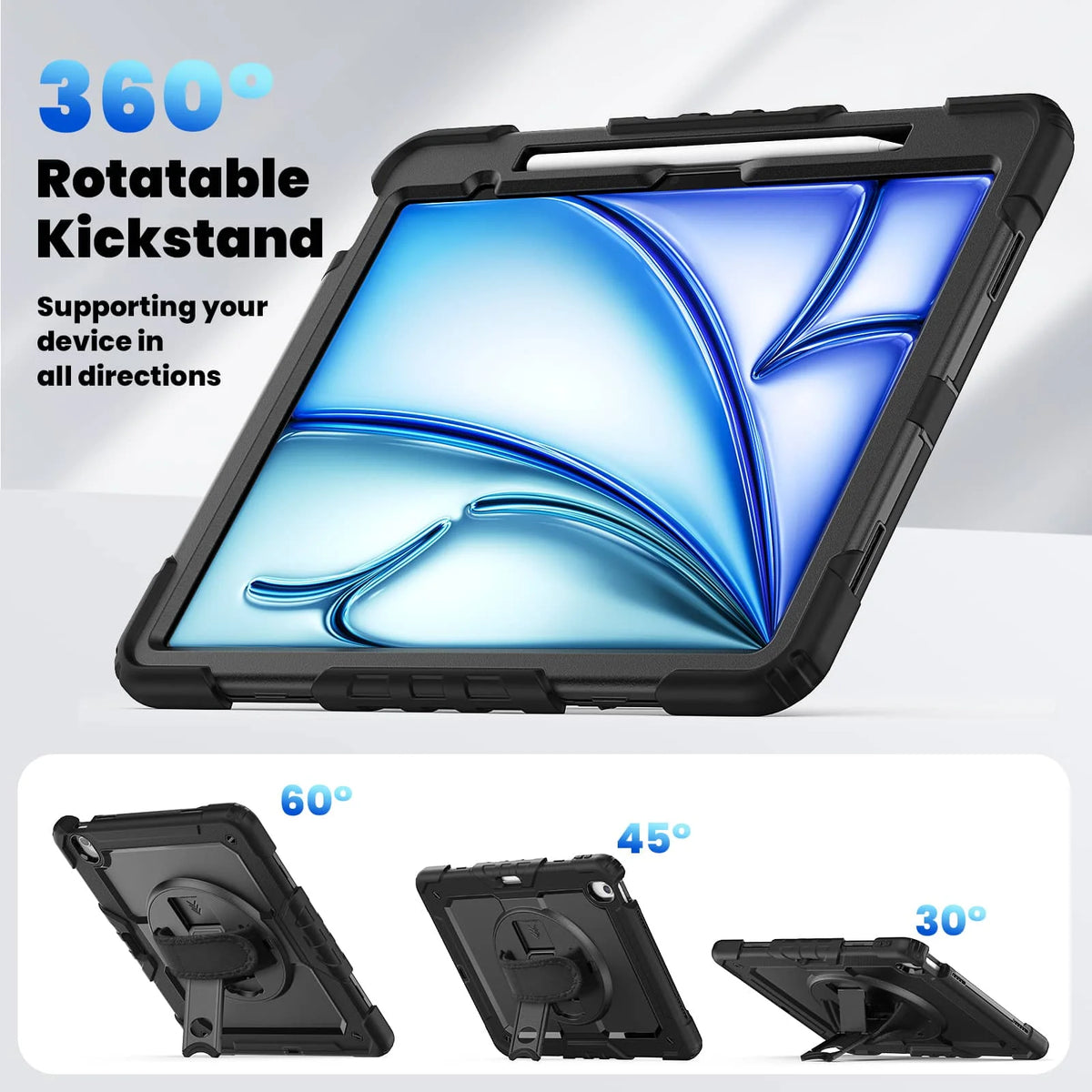 A black heavy duty shockproof iPad case with a rotatable kickstand shown in various angles.