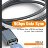 A close-up of a gray nylon braided USB 3.0 extension cable and connector, highlighting its high-speed data sync capabilities.