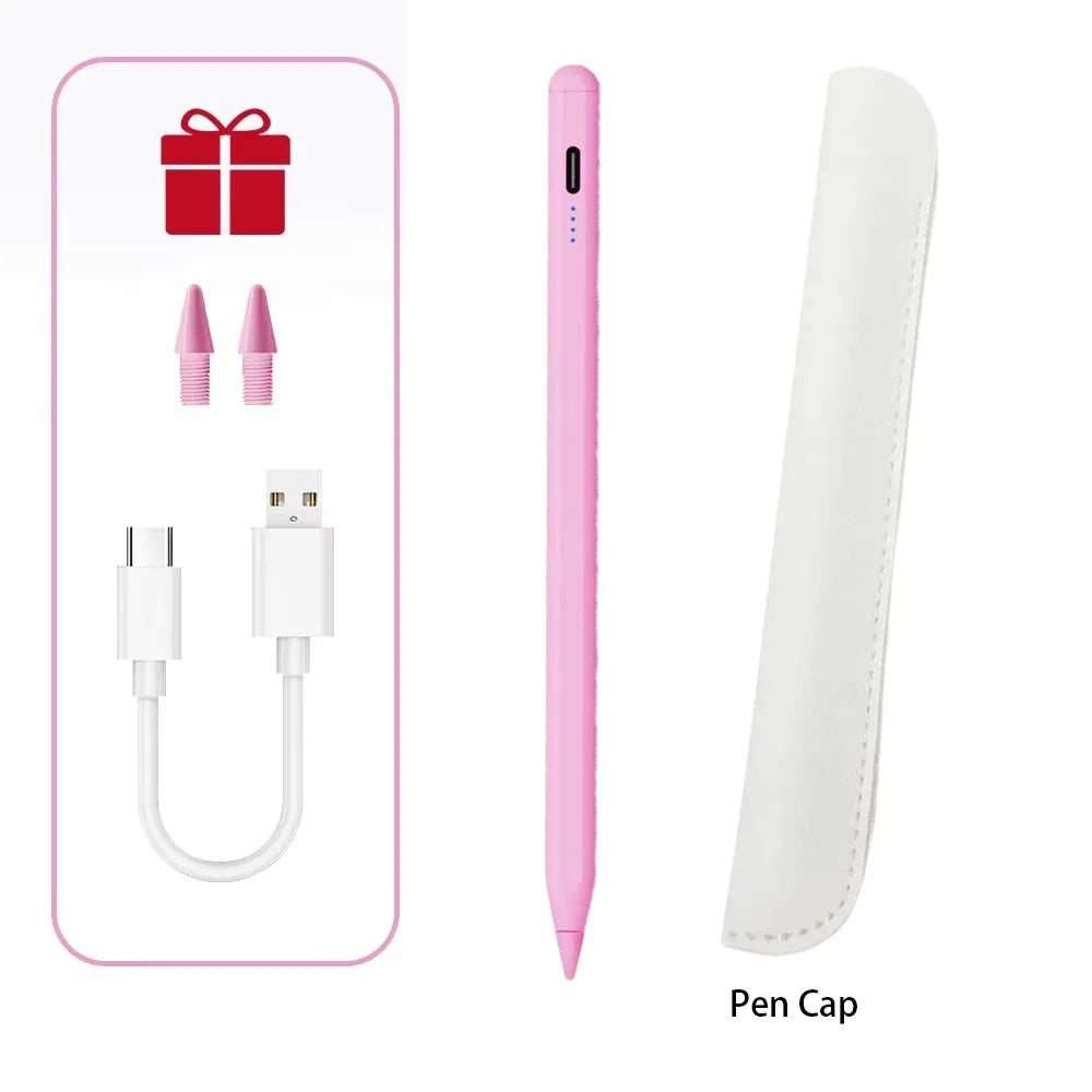 A pink precision stylus pen and its magnetic cap are shown with accessories.