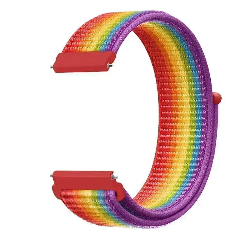 A colorful nylon loop watch strap featuring a rainbow gradient of colors, including red, orange, yellow, green, blue, and pur