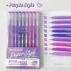 A set of nine purple gel pens in various shades and tips displayed next to the packaging.