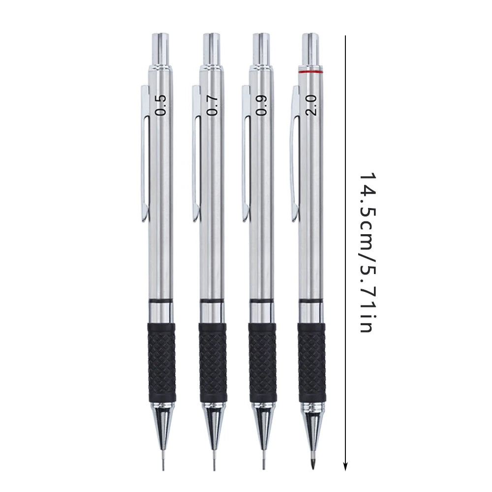 A set of metal mechanical pencils with leads marked 0.5, 0.7, 0.9, and 2.0 mm.