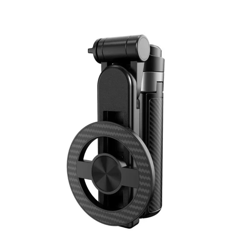Black compact magnetic selfie stick with Bluetooth remote and 360 degree rotation feature