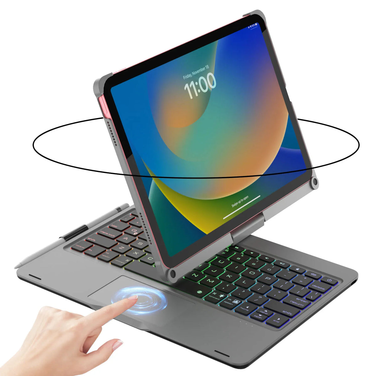 Eine Hand zeigt auf eine silberne, hintergrundbeleuchtete Tastenkiste mit Trackpad für ein iPad, das die Zeit 11:00 anzeigt.
