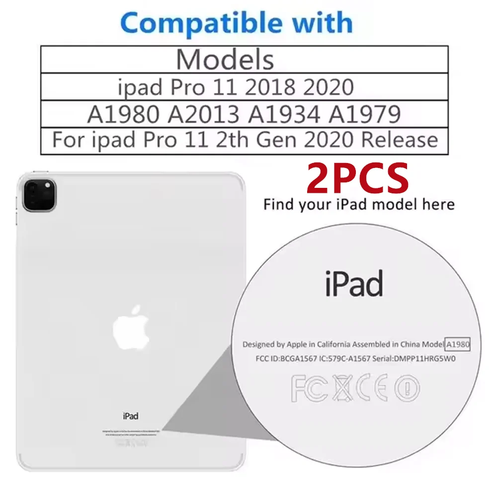 A white iPad Pro 11 screen protector is shown next to compatibility information and a packaging disk.