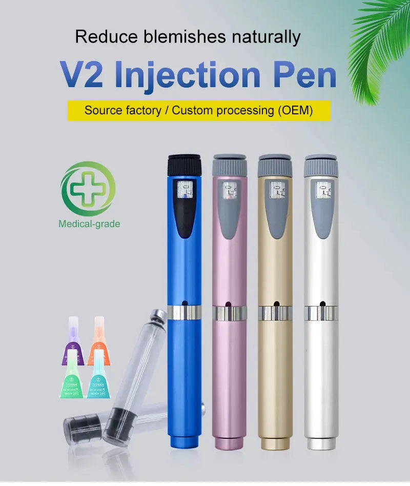 A set of reusable injection pens in blue, pink, and silver, demonstrating medical-grade product manufacturing.