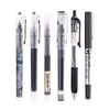 A set of five precision rollerball gel pens in various colors and finishes displayed vertically.