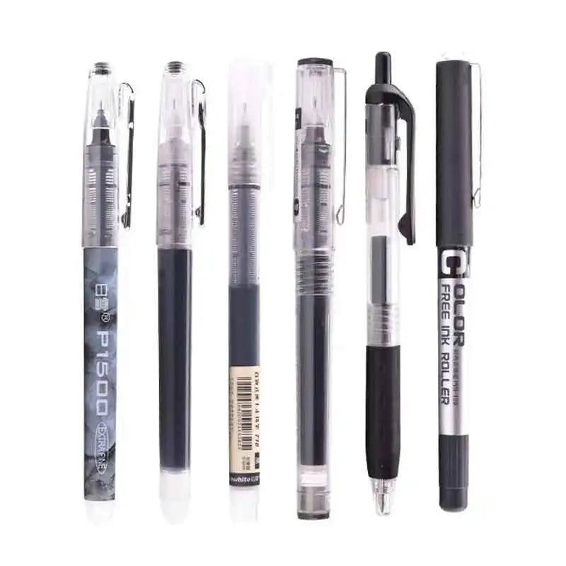 A set of five precision rollerball gel pens in various colors and finishes displayed vertically.