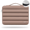 A tan protective laptop sleeve bag featuring quilted padding and a padded strap.