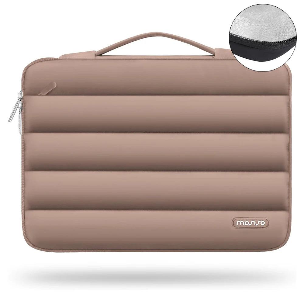 A tan protective laptop sleeve bag featuring quilted padding and a padded strap.