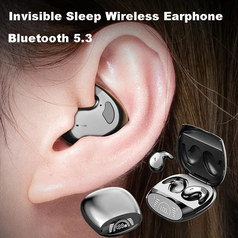A close-up of an invisible sleep wireless Bluetooth 5.3 earphone being shown in various forms.