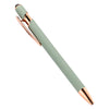 A retractable stylus and ballpoint pen with a light sage green body and gold accents.