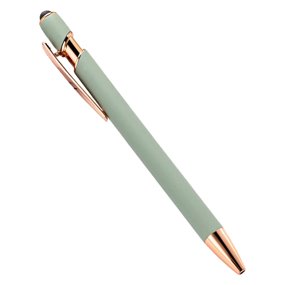 A retractable stylus and ballpoint pen with a light sage green body and gold accents.