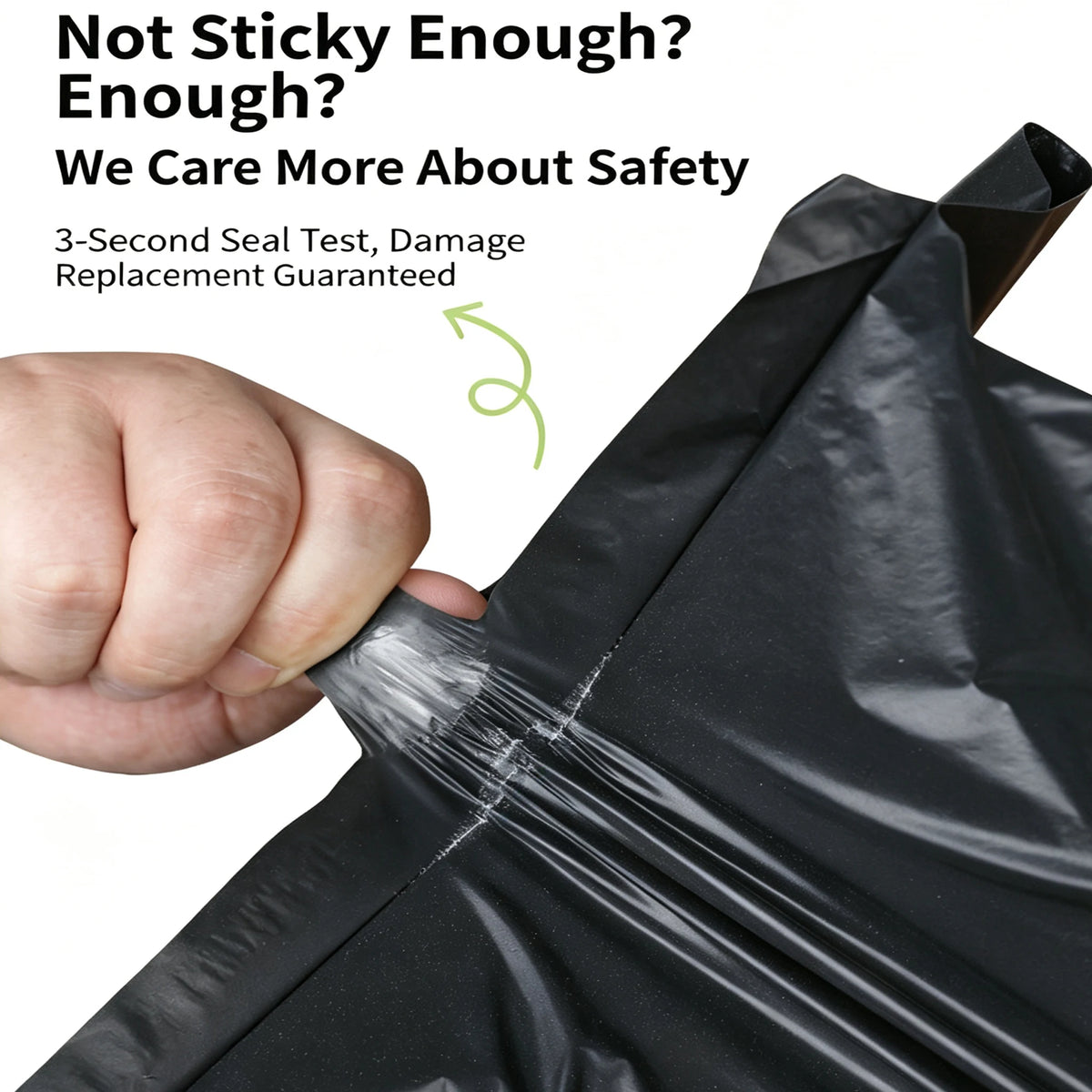 A hand is sealing a black poly mailer bag, demonstrating its self-sealing feature for shipping.