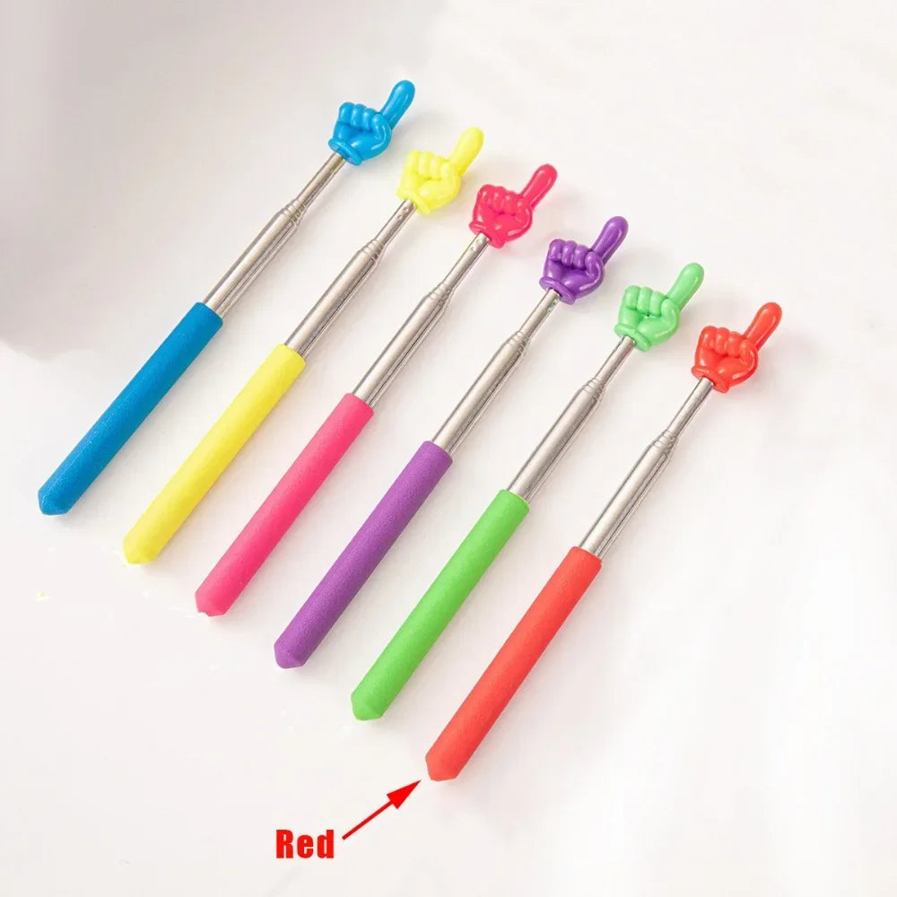 A set of colorful telescopic stainless steel teaching pointers with various colored tips.