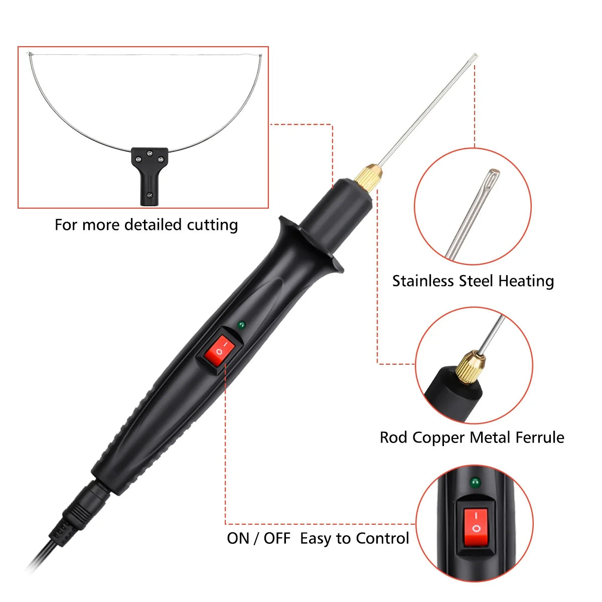 A black electric foam cutting tool with a heating element and a copper metal ferrule for detailed cutting.