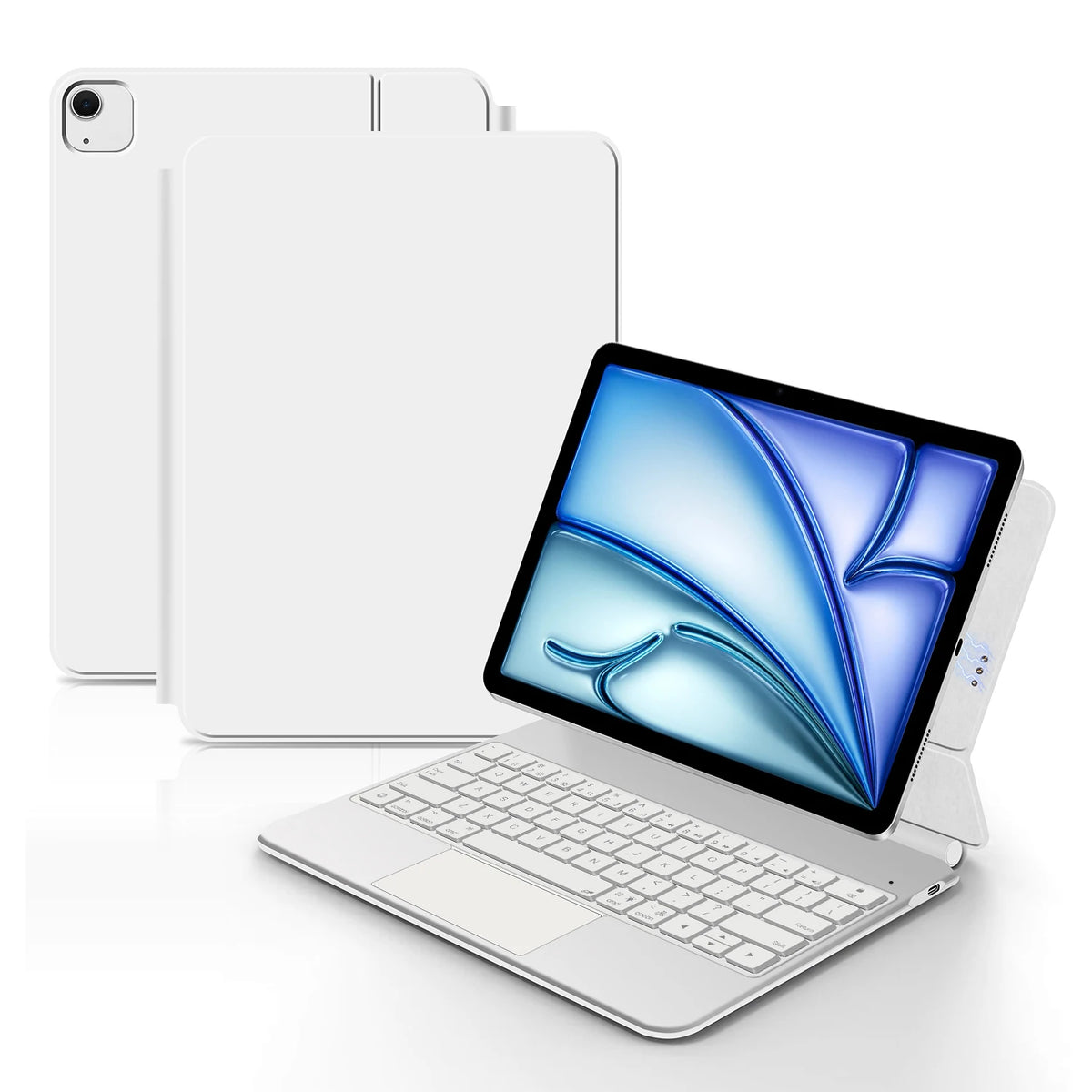 A white Magic Keyboard cover for an iPad is shown next to a white smartphone.