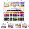 A collection of solid watercolor paint sets in various colors and sizes, including palettes and tubes.