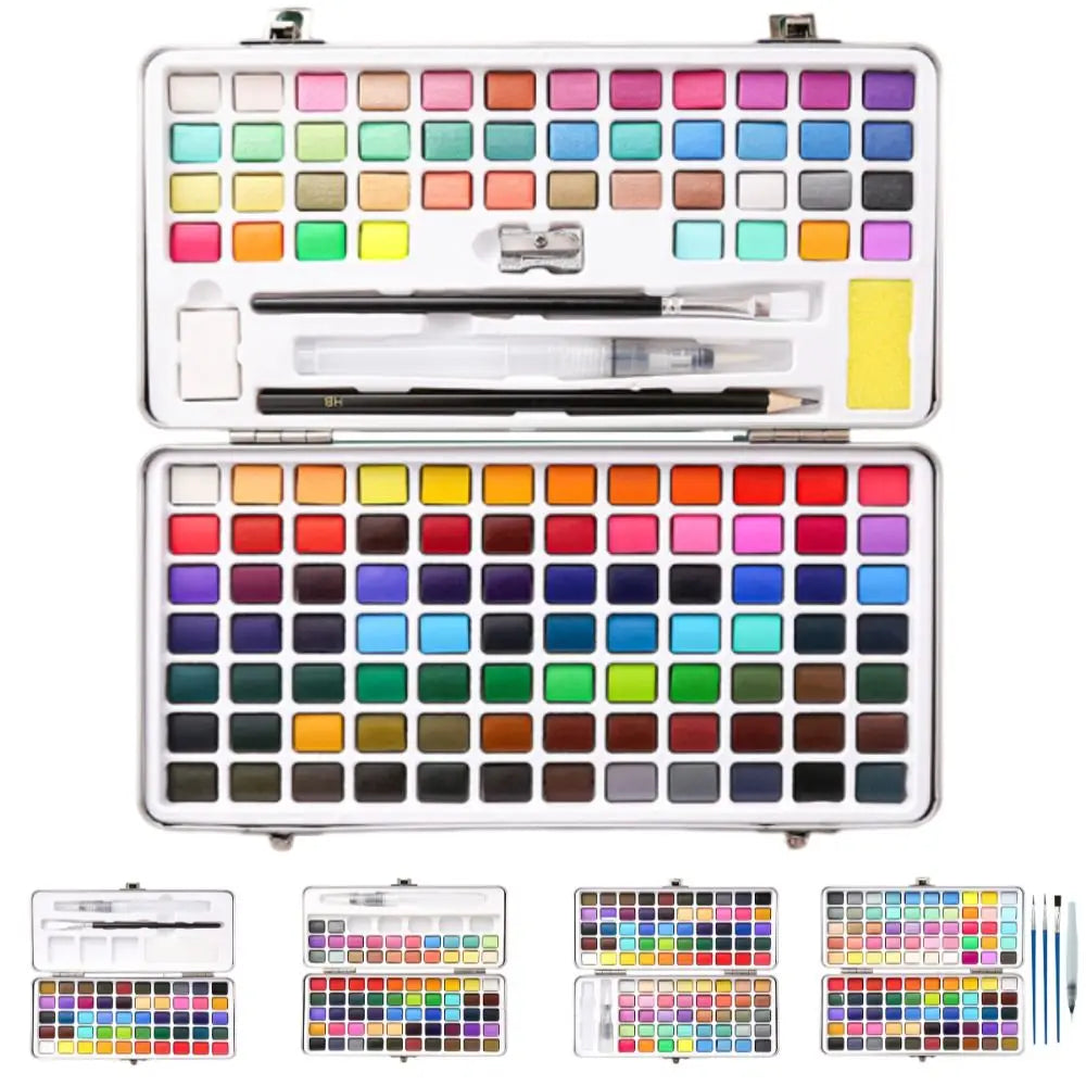A collection of solid watercolor paint sets in various colors and sizes, including palettes and tubes.