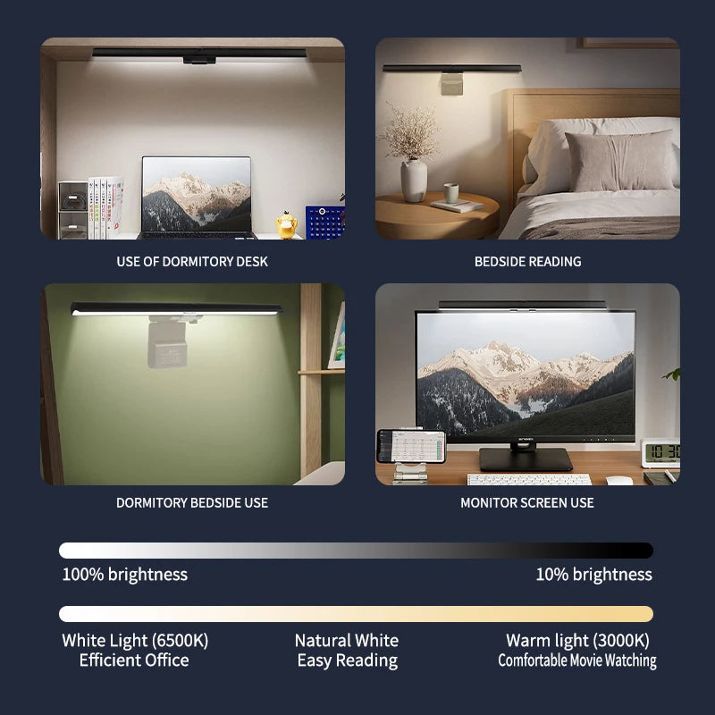 LED monitor light bar with stepless dimming shown in various uses including a dormitory desk, bedside reading, and monitor sc