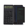 Calculatrice scientifique pliable noire et tablette d'écriture côte à côte.