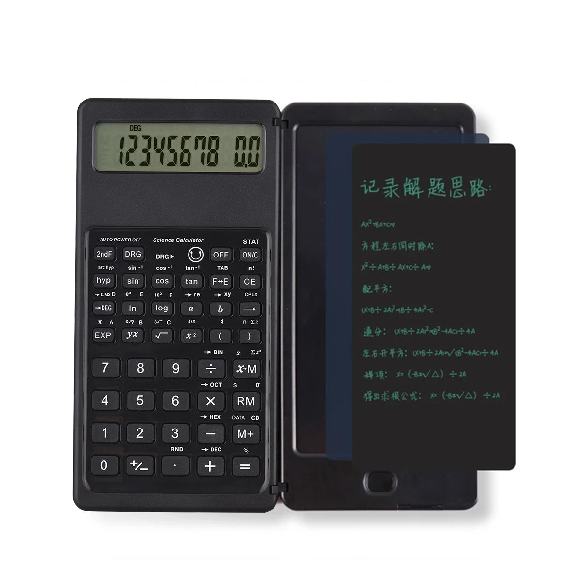 Calculatrice scientifique pliable noire et tablette d'écriture côte à côte.