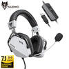 A white and black gaming headset with a microphone and a separate adapter is shown.