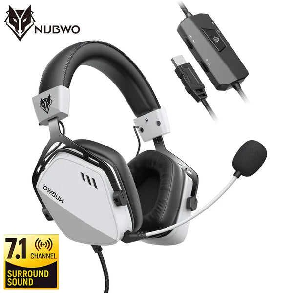 A white and black gaming headset with a microphone and a separate adapter is shown.