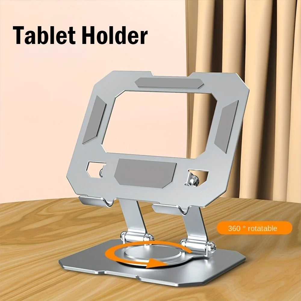 Support de tablette argenté avec base rotative pour ajuster les angles de vision.