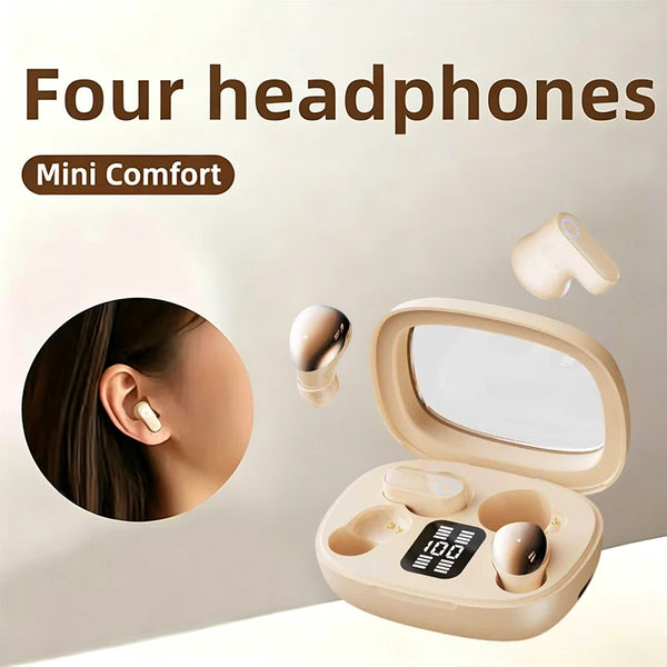 Four Mini Comfort headphones and a charging case are shown on a white surface.