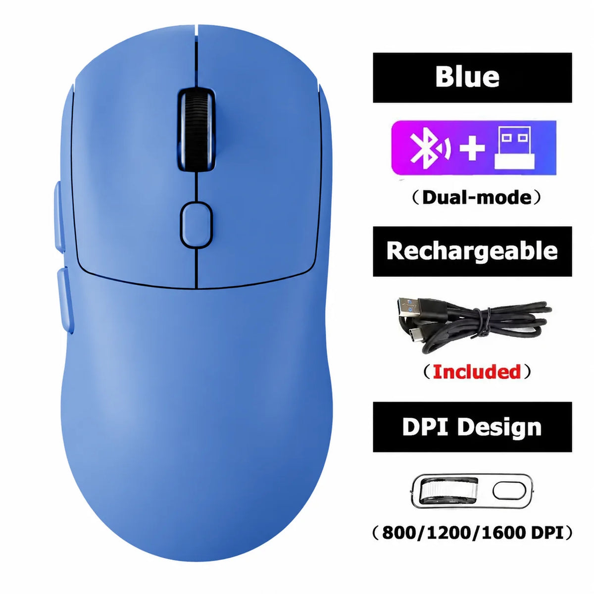 Souris sans fil rechargeable bleue à double mode avec molette noire et réglages DPI.