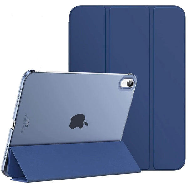 A silver iPad is shown inside a blue protective case.