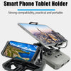 Sujetador plegable para tableta con un smartphone montado, junto a un soporte de clip gris.