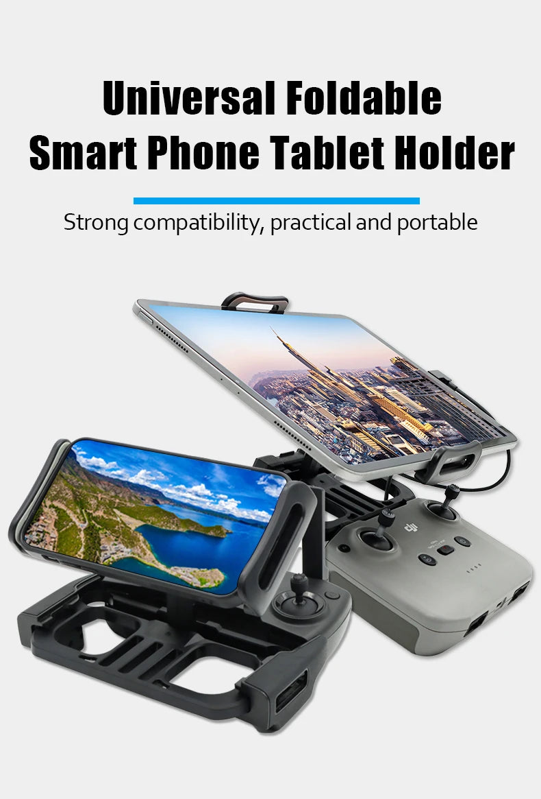 Sujetador plegable para tableta con un smartphone montado, junto a un soporte de clip gris.