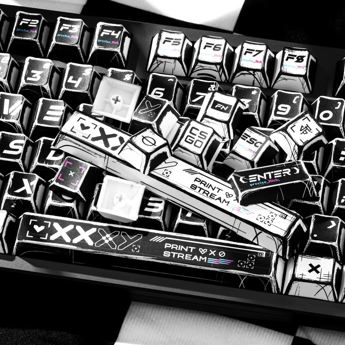 A close-up view of a black and white comic-style PBT keycap set featuring various function keys and symbols.