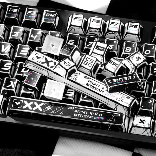 A close-up view of a black and white comic-style PBT keycap set featuring various function keys and symbols.