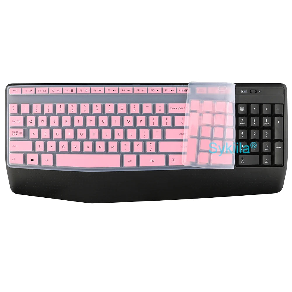A silicone keyboard cover for a black Logitech MK345 wireless keyboard.