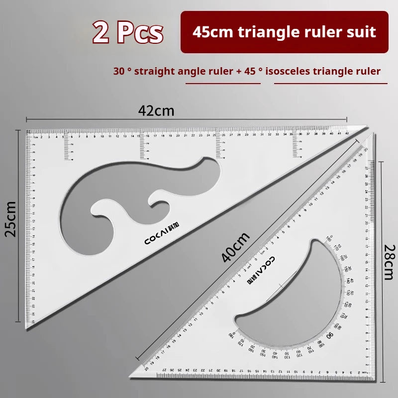 Two pieces of a 45cm triangle ruler suit including a 30 degree straight angle ruler and a 45 degree isosceles triangle ruler