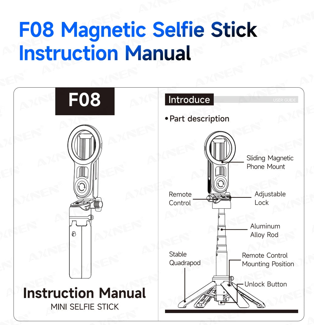 Instruction manual for the F08 Magnetic Selfie Stick tripod and mount