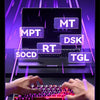 Hands are typing on a red mechanical keyboard with RGB backlight, demonstrating a setting for faster response in a game.