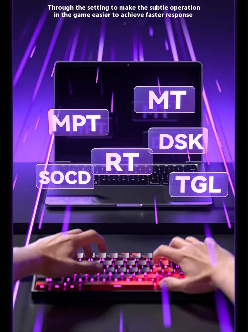 Hands are typing on a red mechanical keyboard with RGB backlight, demonstrating a setting for faster response in a game.